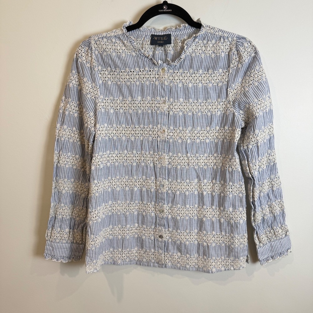 Wyse London Blue White Striped Eyelet Cotton Ruffle Blouse Top Size 2 UK 10 US 6
